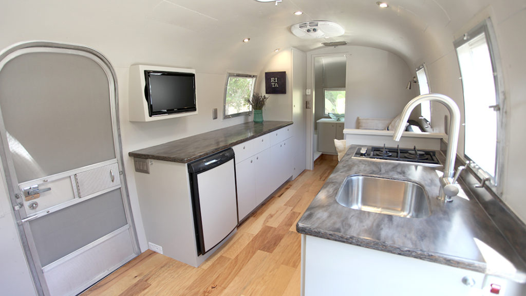 A close-up shot of the kitchen inside the Air stream Rita