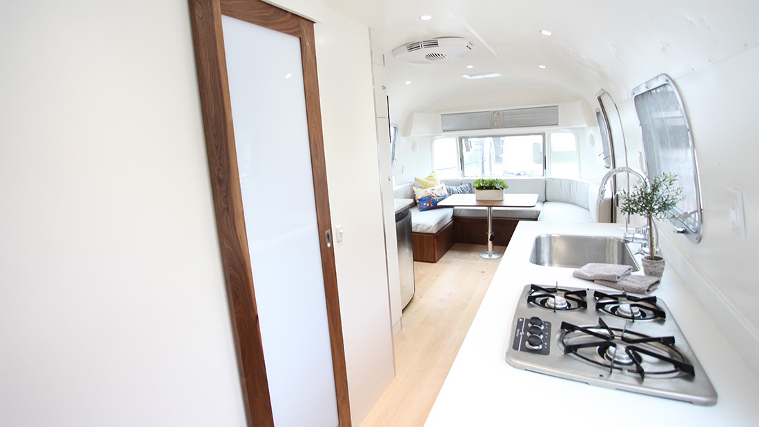 A close-up shot of the kitchen In the Airstream