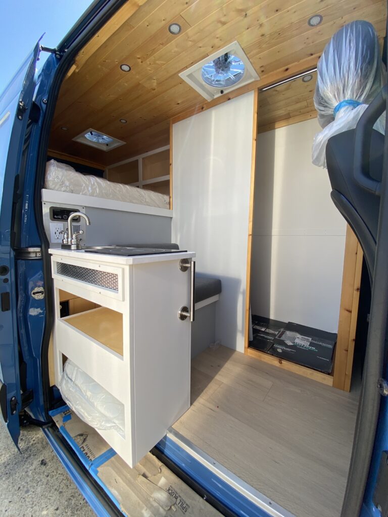 A close-up shot of the Kitchen counter top in the van