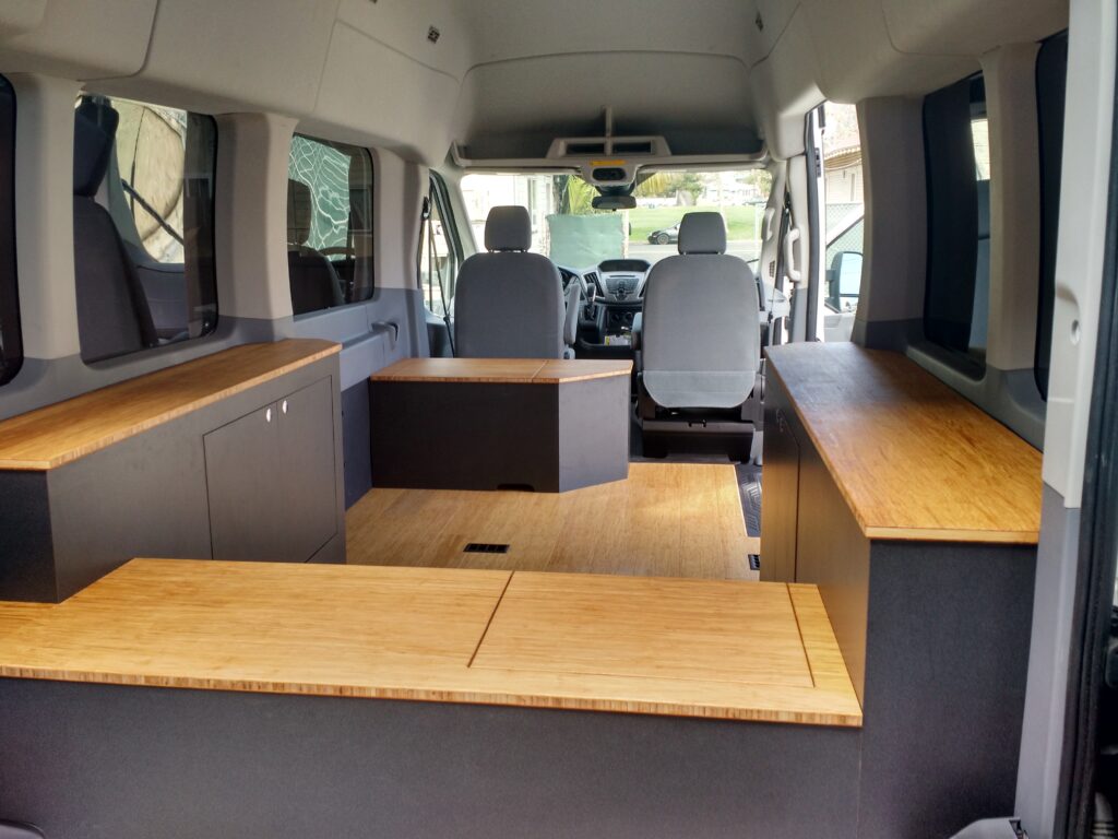 View of the wooden storage inside the camper van